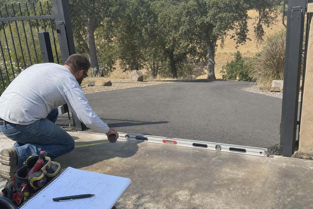 Fabricator measuring the grade across a driveway opening before building a gate