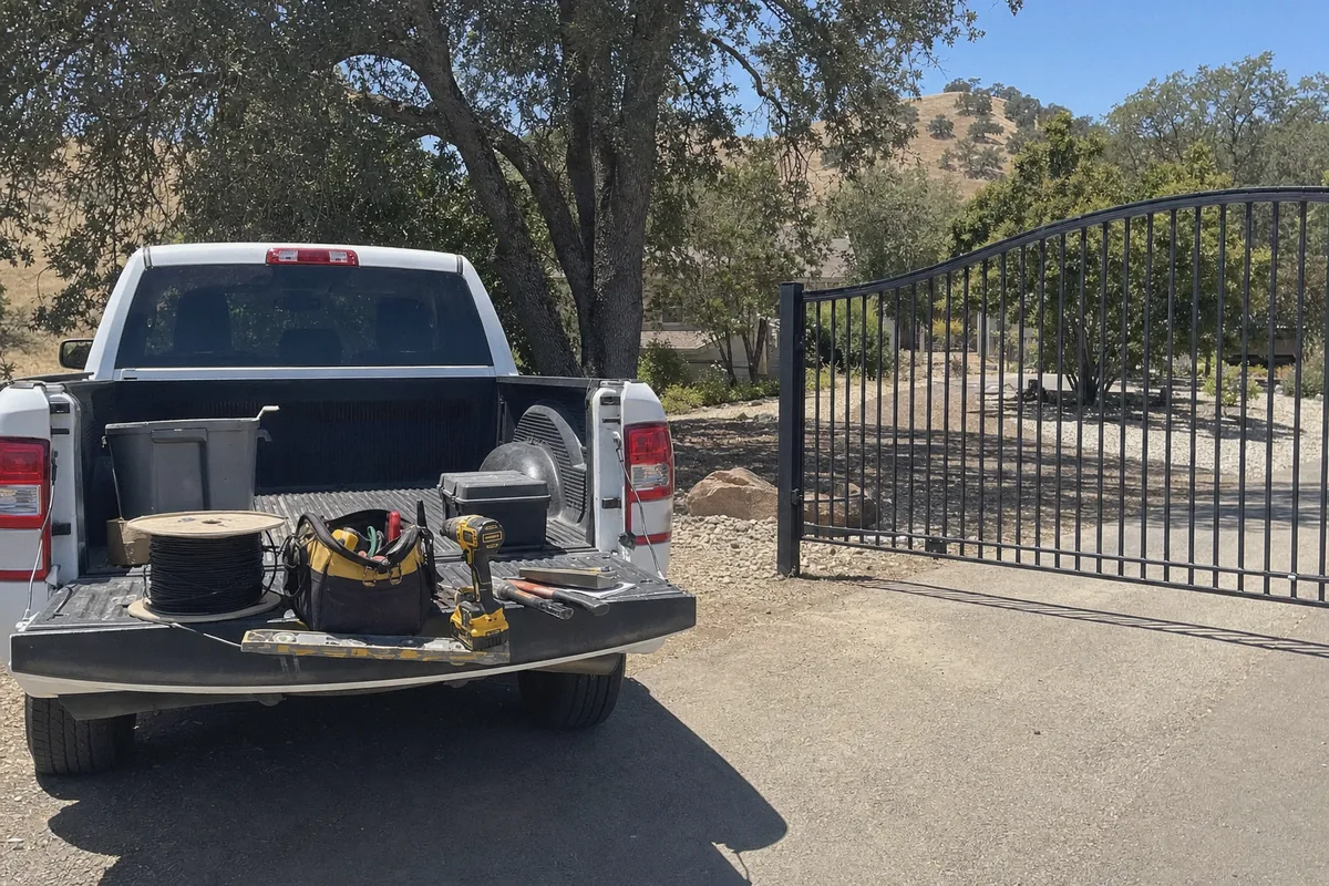 Work truck parked at a driveway gate with tools laid out ready for a gate installation