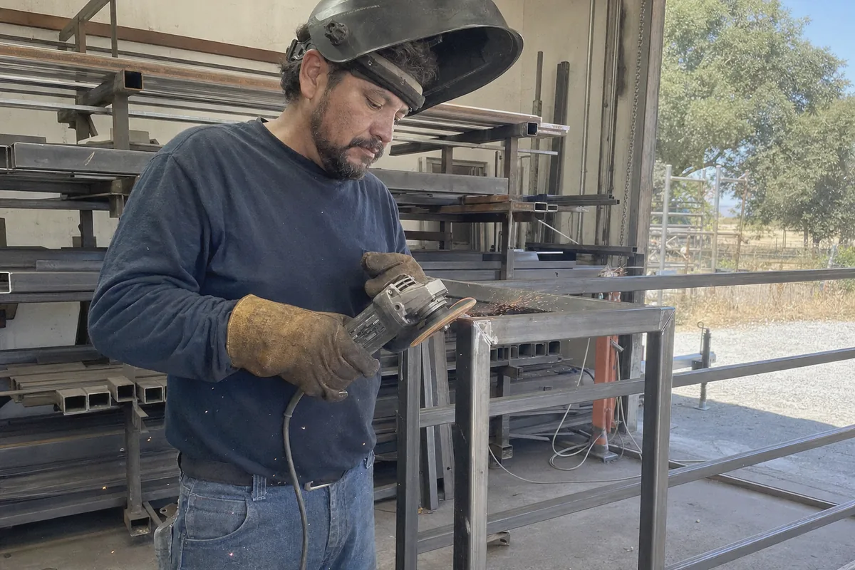Fabricator grinding a weld smooth on a custom steel gate frame in the workshop