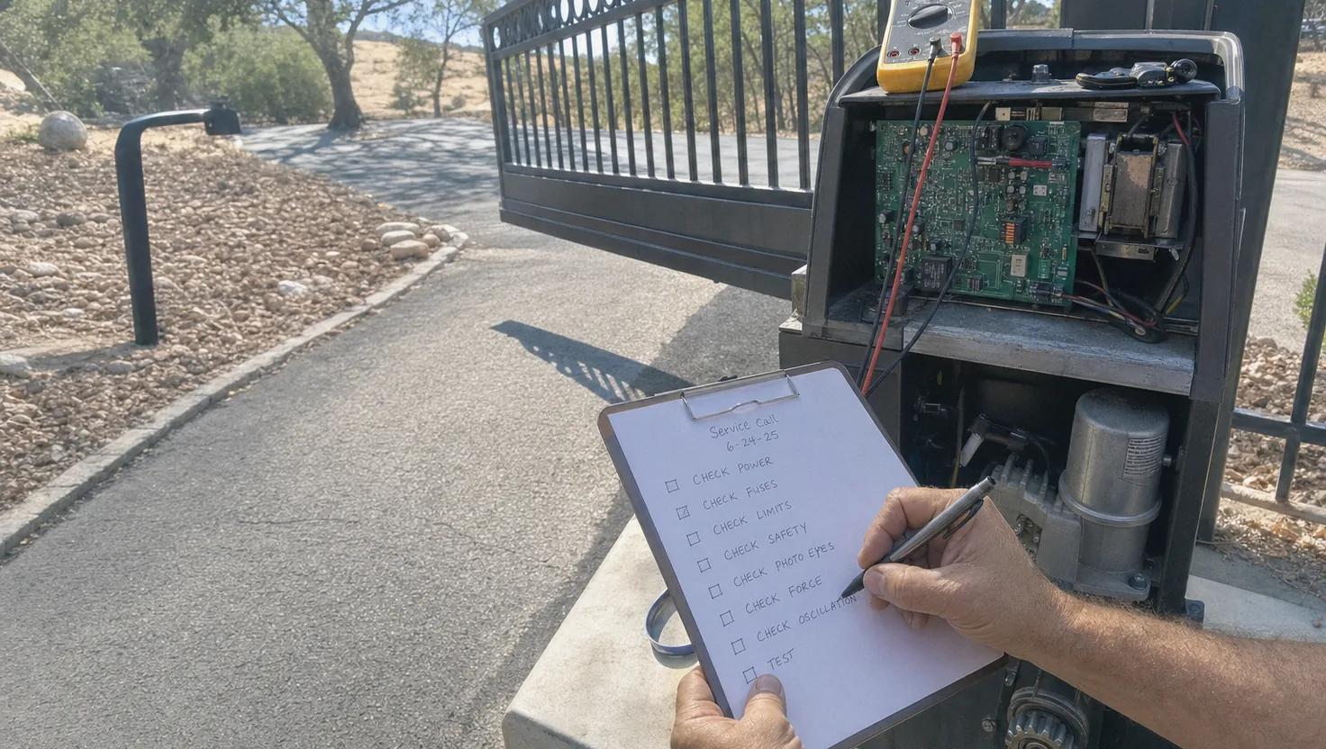 Technician noting a gate operator diagnosis on a clipboard beside an opened operator housing