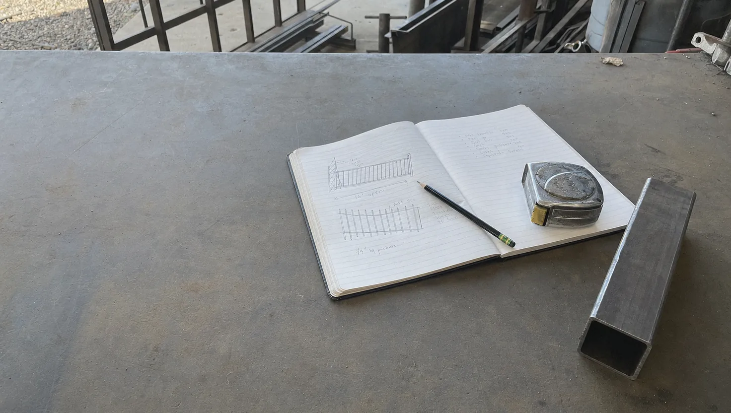 Workshop bench with a notebook of gate sketches, a tape measure and a cut section of steel picket