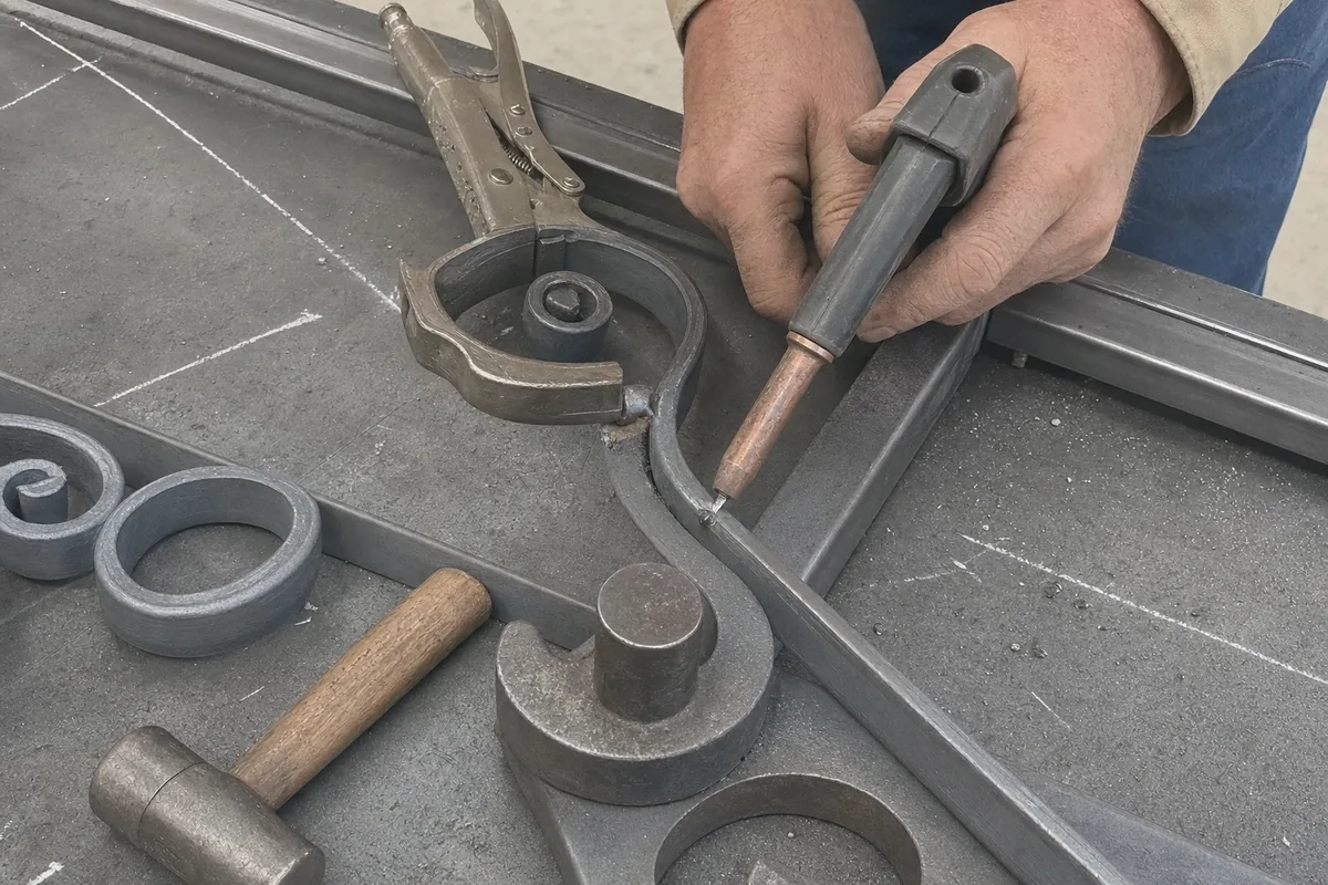 Close-up of ornamental iron gates work in progress